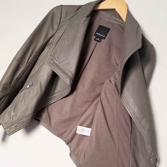 Trouve Asymmetric Drape-Front Soft 100% Genuine Leather Jacket Taupe Gray XS - Picture 11 of 16